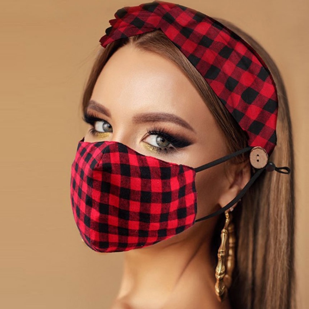 Check Print Cotton Fashion Mask/Headband Set...New